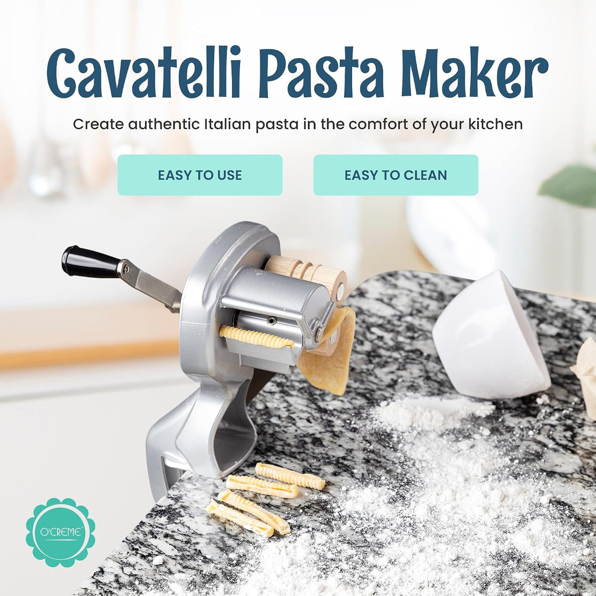 O'Creme Wooden Roller Cavatelli Pasta Maker – Original Italian Pasta Roller Machine – Non-Stick Coating Wooden Rollers Gnocchi Maker Pasta Attachment – Easy to Clean and Precision Cut