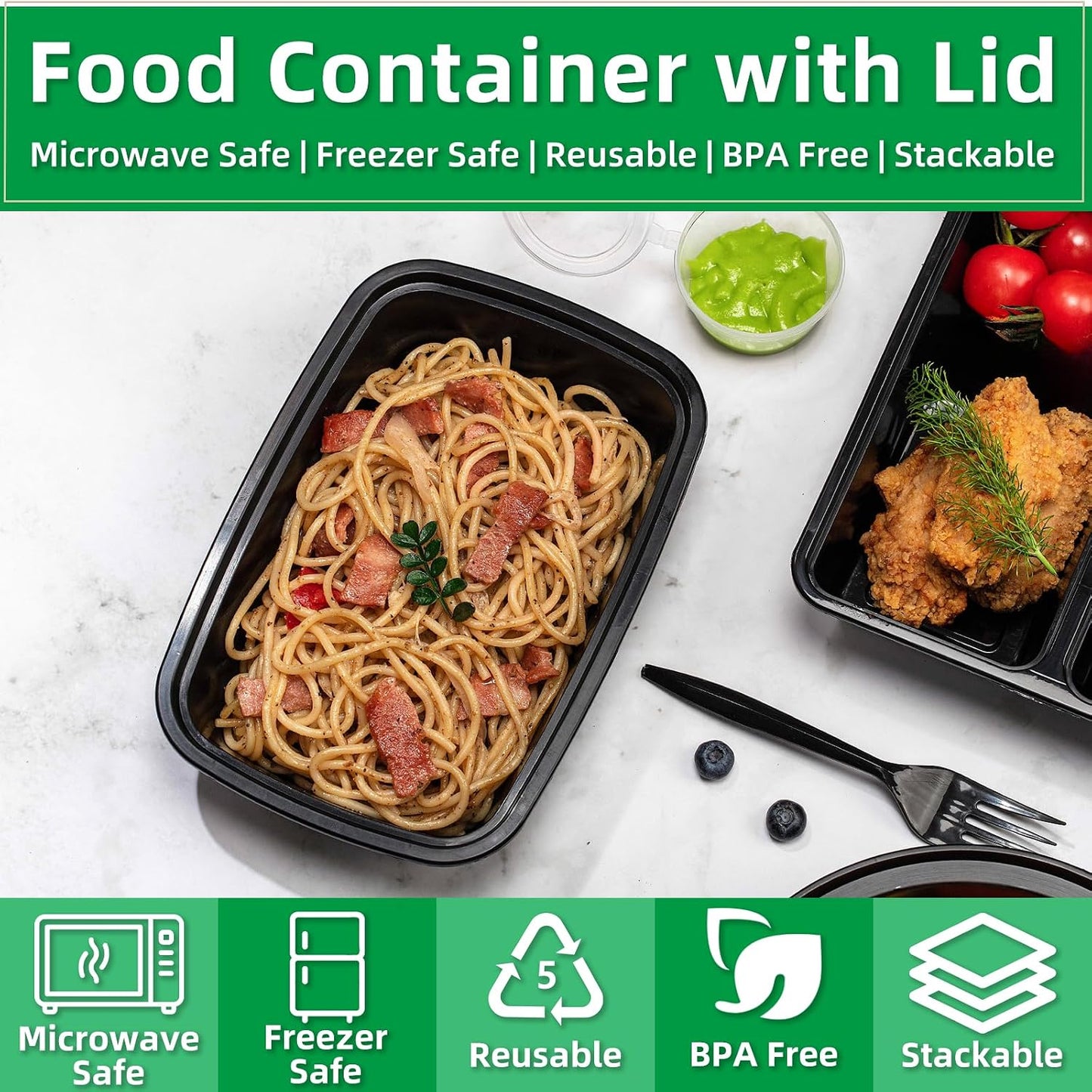 Meal Prep Containers 2 Compartment 15 Pack, 28 oz Divided Reusable Food Storage Containers with Lids Takeout Food Storage Containers Black, Microwave Dishwasher Freezer Safe, Stackable, BPA Free