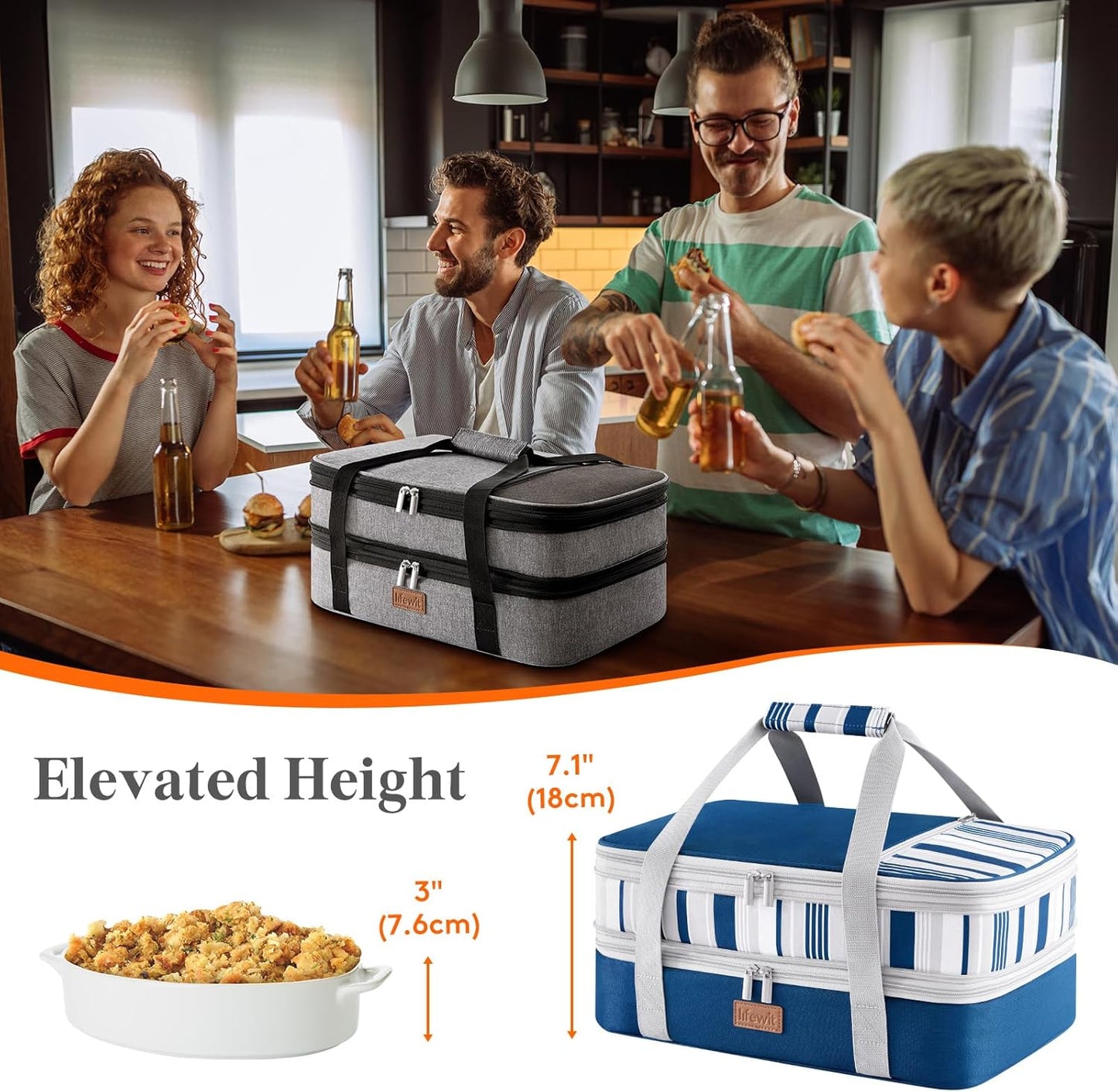 Lifewit Insulated Double Decker Casserole Carrier, Expandable Lasagna Lugger Tote Bag for Hot or Cold Food, Fits 9" x 13" Baking Dish for Potluck Parties, Picnic and Cookouts, Grey-Geometric