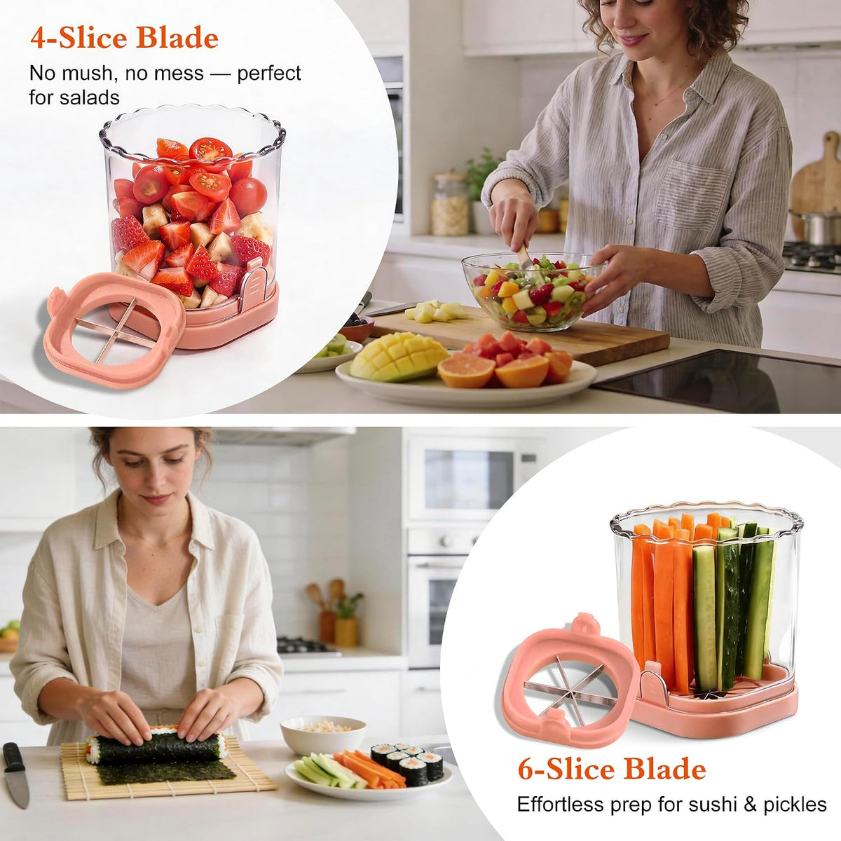 Fruit Slicer Cup 4 (6) Slice Blade Detachable Perfect Salads Sushi Pink