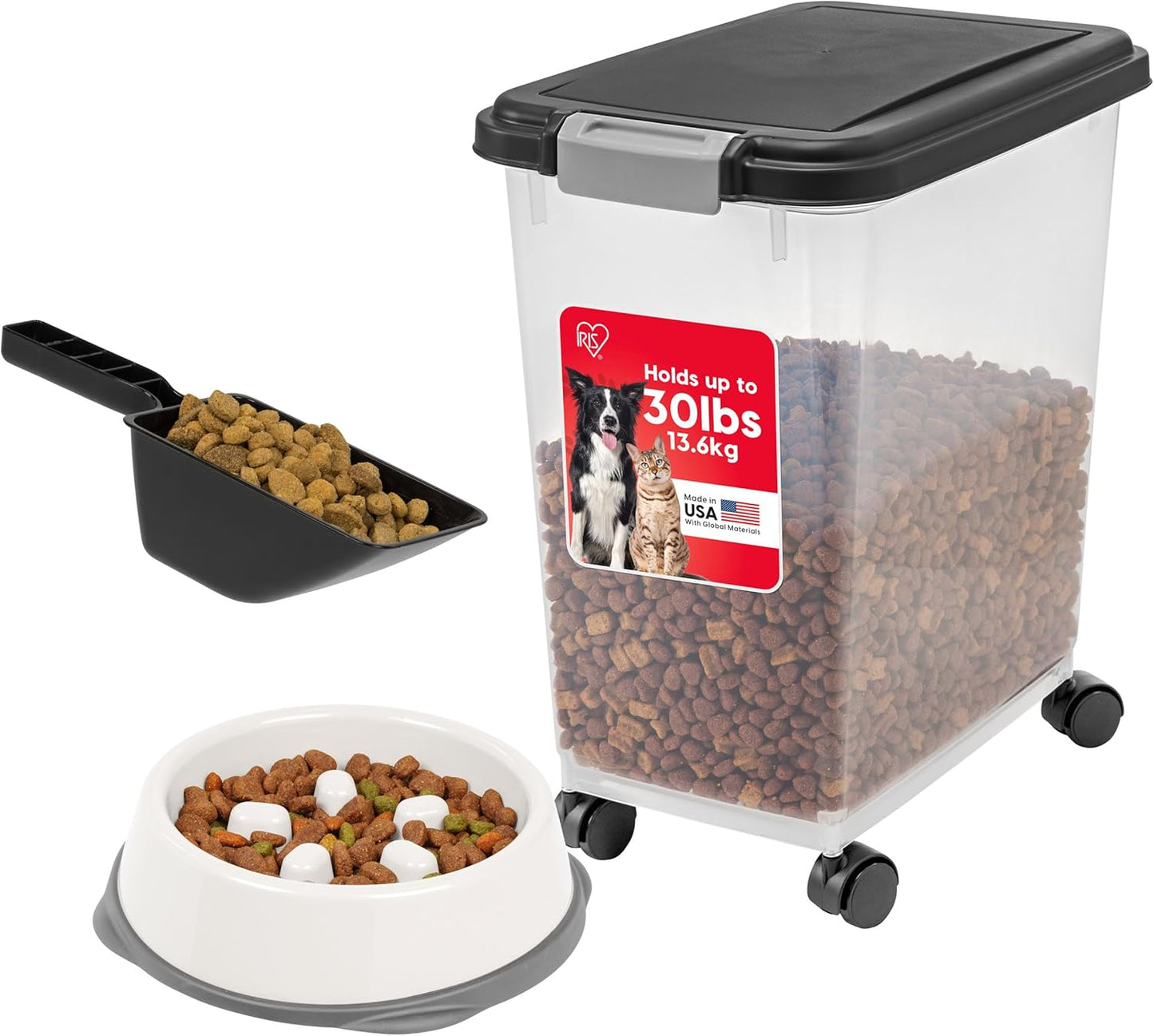 IRIS USA Dog Food Storage Container, 2 Pack, Up to 30 lbs Each, Airtight Seal for Freshness, Wheels for Rolling, Easy One Hand Opening, Made in USA, BPA Free, Clear/Black
