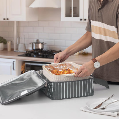 FE FUN ELEMENTS Casserole Carrier, Expandable Insulated Casserole Carriers for Hot or Cold Food, Lasagna Lugger for Parties, Fits 9" x 13" Baking Dish, Grey