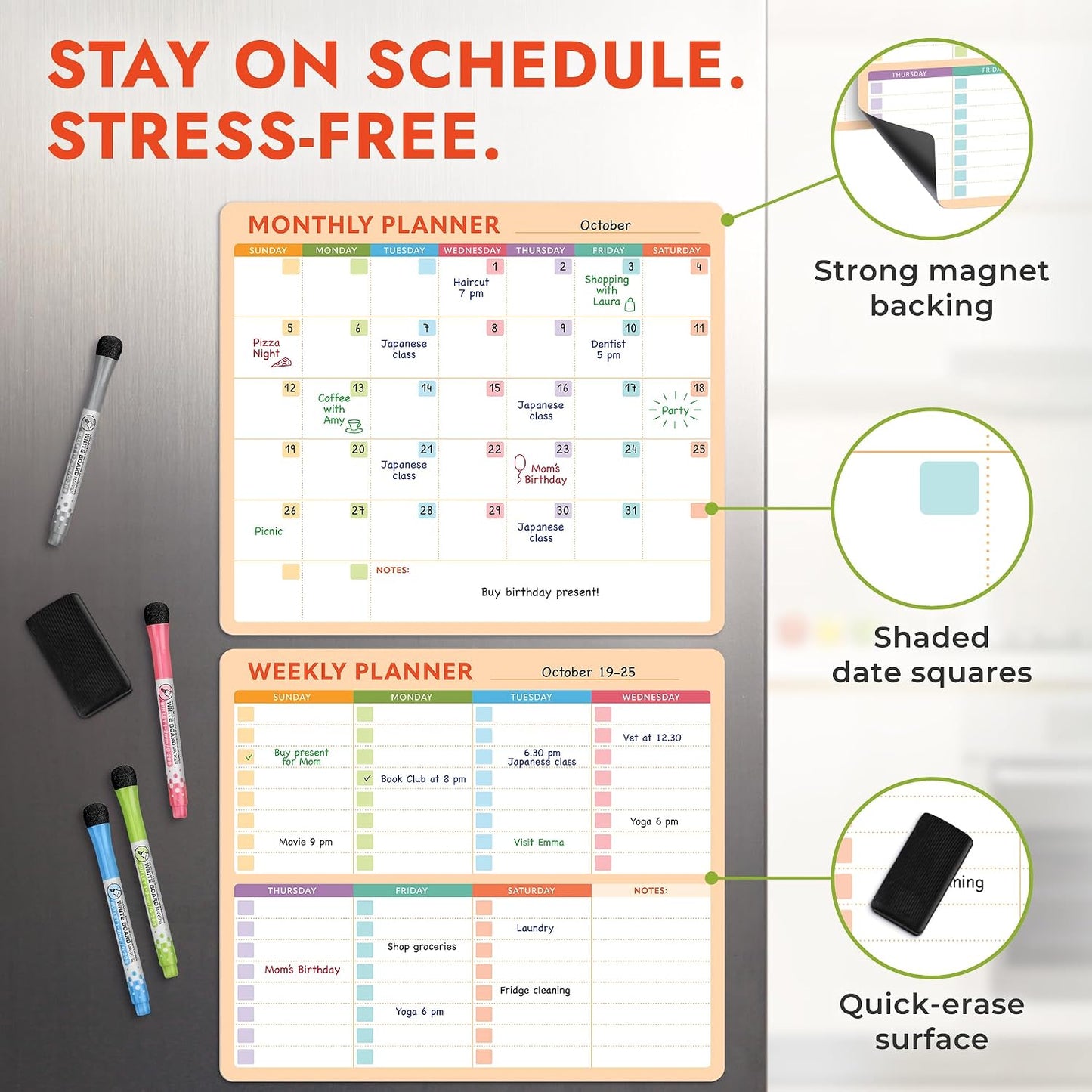Magnetic Whiteboard Calendar for Fridge – 2-Pack Monthly & Weekly Planners (14”x12”) – Dry Erase Boards with Notes Section, Shaded Dates – Includes 4 Markers & Magnetic Eraser