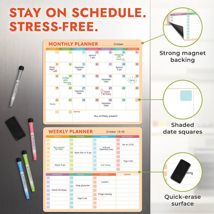 Magnetic Whiteboard Calendar for Fridge – 2-Pack Monthly & Weekly Planners (14”x12”) – Dry Erase Boards with Notes Section, Shaded Dates – Includes 4 Markers & Magnetic Eraser