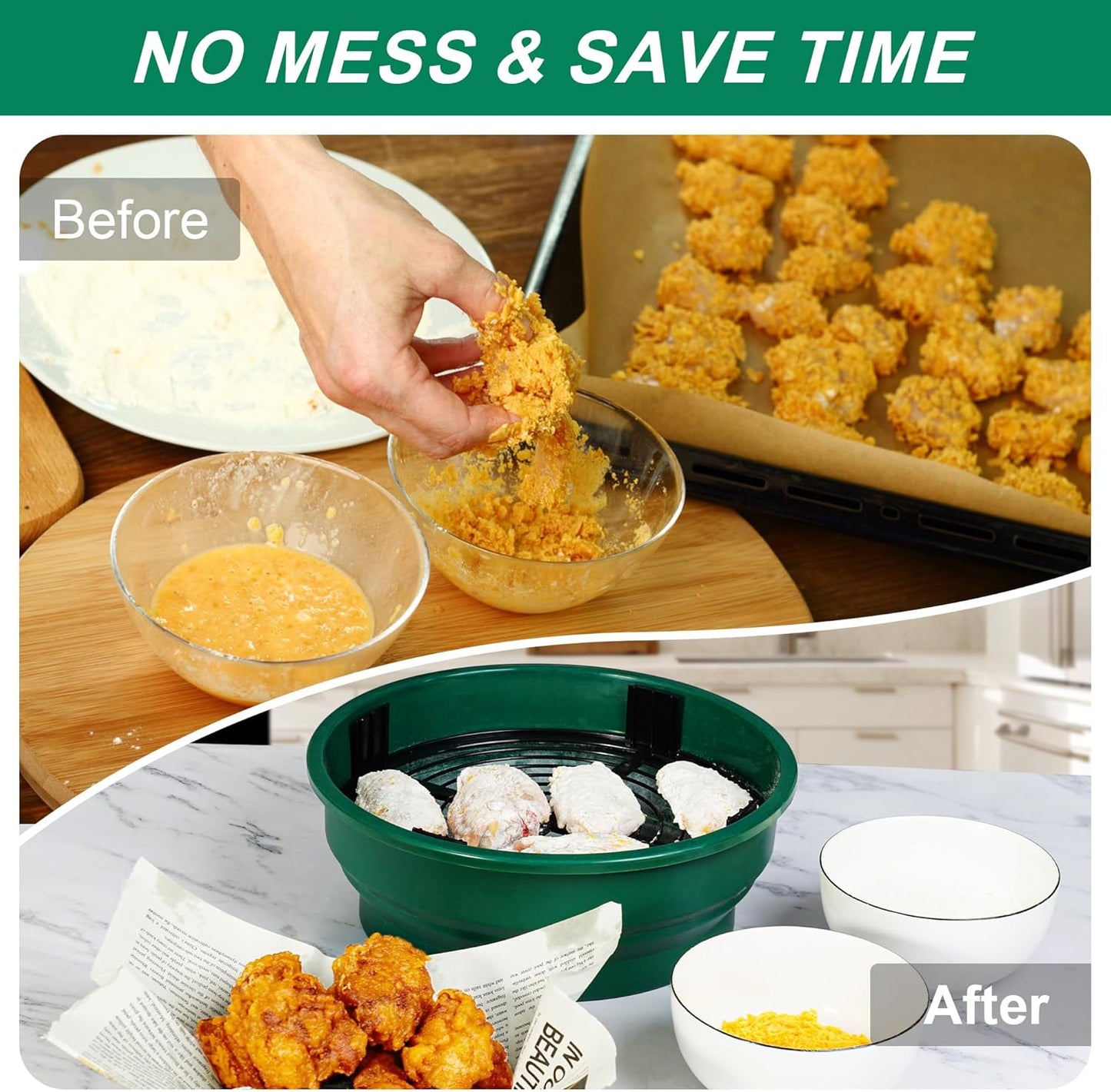 FJNATINH Collapsible Batter Bowl - Mess Free Better Breader Shaker Bowl with Lid Breading Shaker Container for Fried Fish, Fried Chicken, Onion Rings & More,No Leak,Easy to Store,Light Blue