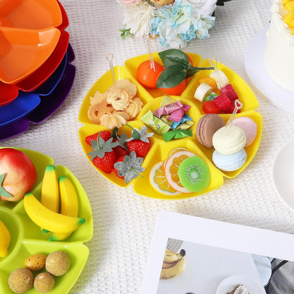 12 Pcs Plastic Divided Serving Trays with 100 Pcs Disposable Fork, 7 Compartments Round Chip Dip Plate, Petal Shape Platter, 10.63'' Snacks Serving Dish for Party Candy Nuts Fruits (Classic Color)