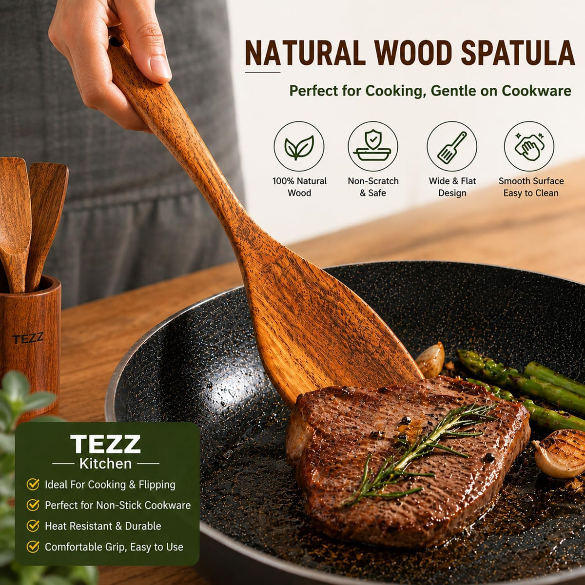 Wooden Spatulas, Natural Acacia Wooden Cooking Utensils Set for Non-stick Pan Kitchen Tool, flipping and Wok Spatula, Wooden Spoons & Spurtle for Cooking