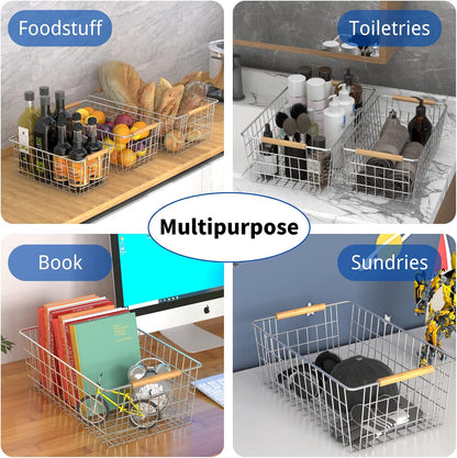 YOUVIP Wire Storage Baskets with Wooden Handles, 3 Pack Metal Organizer Baskets for Kitchen, Pantry, Freezer, Laundry,Farmhouse,Bathroom Baskets for Organizing,Black (1 Small, 1 Medium, 1 Large)