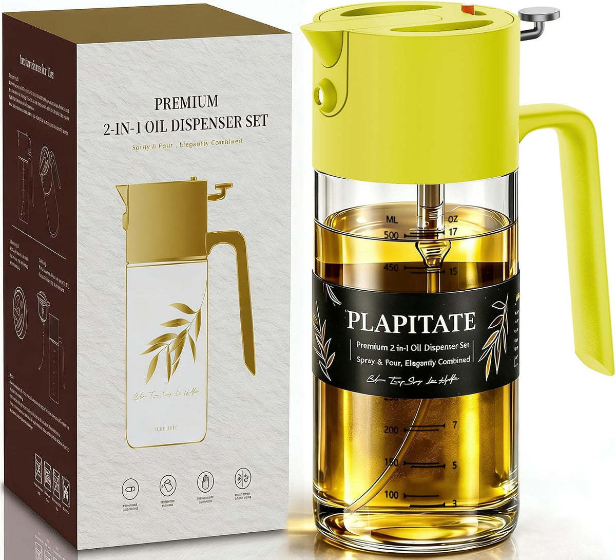 PLAPITATE 17oz/500ml Premium Olive Oil Sprayer for Cooking, 2 in 1 Glass Olive Oil Dispenser Bottle for Kitchen Gadgets, Spray Bottle with Portion Control for Salad, Frying, BBQ (Black)