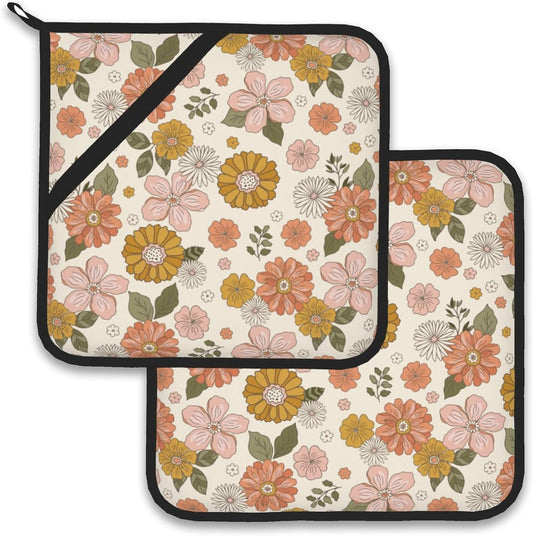 Retro Boho Groovy Flower Pot Holder Set of 2,Heat Resistant Potholders Oven Hot Pads for Kitchen Cooking Baking BBQ