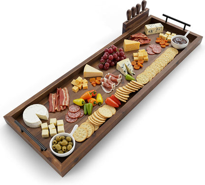 TIDITA Acacia Large Charcuterie Boards for Party with Cheese Knife Set of 4 – Acacia Wood Serving Tray with Handles, Long Charcuterie Board, Wooden Cheese Board (Walnut Color, 30 Inch)