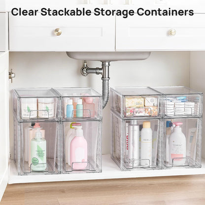 Vtopmart 4 Pack Clear Stackable Storage Drawers,Under Sink and Kitchen Organizers Storage,Easy to Assemble Plastic Drawers for Baby Bottle,Medicine, Bathroom,Cabinet and Pantry Organization