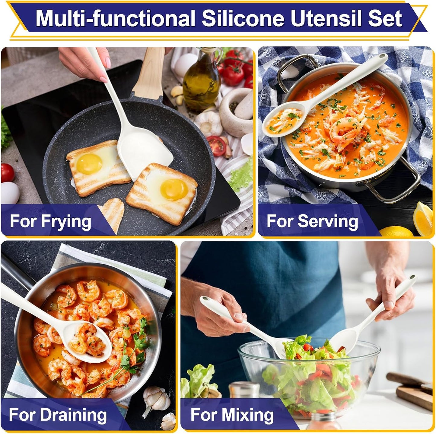 P&P CHEF Kitchen Utensil Set, 4 Pieces Non-stick Silicone Cooking Utensils, Heat-resistant Slotted Solid Spoon Turner for Frying, Mixing, Serving, Non-toxic & Easy to Clean, Blue