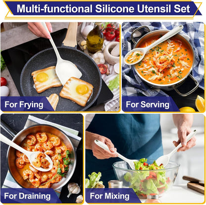 P&P CHEF Kitchen Utensil Set, 4 Pieces Non-stick Silicone Cooking Utensils, Heat-resistant Slotted Solid Spoon Turner for Frying, Mixing, Serving, Non-toxic & Easy to Clean, Blue