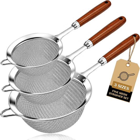 Fine Mesh Strainer Set, 30 Mesh 304 Stainless Steel Kitchen Sieve with Wooden Handle, 3 Sizes 12/14/18cm, for Sifting Flour, Tea, Rice, Pasta and Food Prep, 3 Piece Set