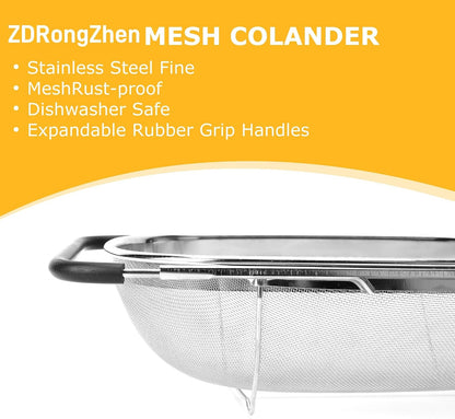 ZDRongZhen Kitchen Accessories Over the Sink Colander Strainer Basket，Stainless Steel Colander with Expandable Rubber Grip Sink Drainer-Rinse Vegetables Fruits &Strain&Drain (Large-Fine mesh)