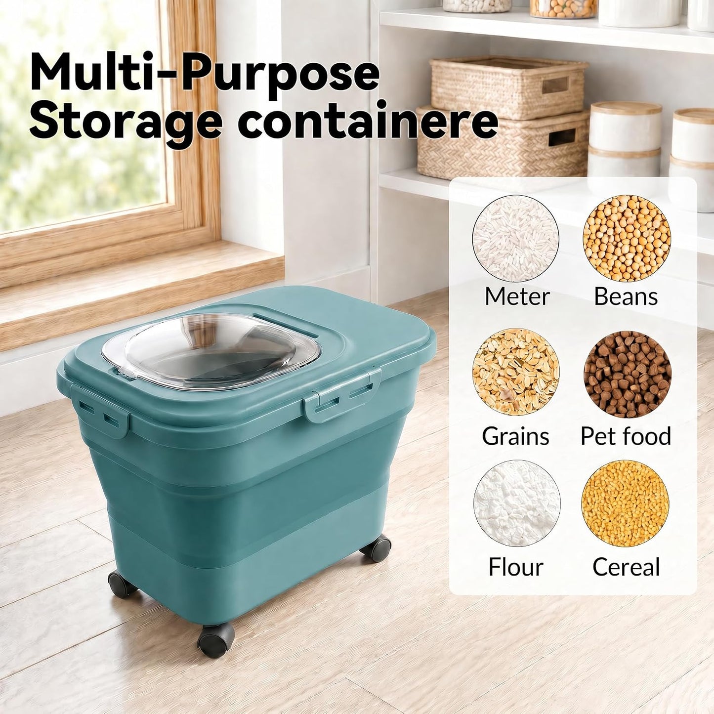 Rice Storage Container Collapsible 20-28 Lbs Food Storage Container with Rolling Wheels and Clear Airtight Lid. BPA Free Flour for Storing Rice, Flour, and Cat Dog Food Storage Container (Pink)