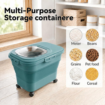 Rice Storage Container Collapsible 20-28 Lbs Food Storage Container with Rolling Wheels and Clear Airtight Lid. BPA Free Flour for Storing Rice, Flour, and Cat Dog Food Storage Container (Pink)