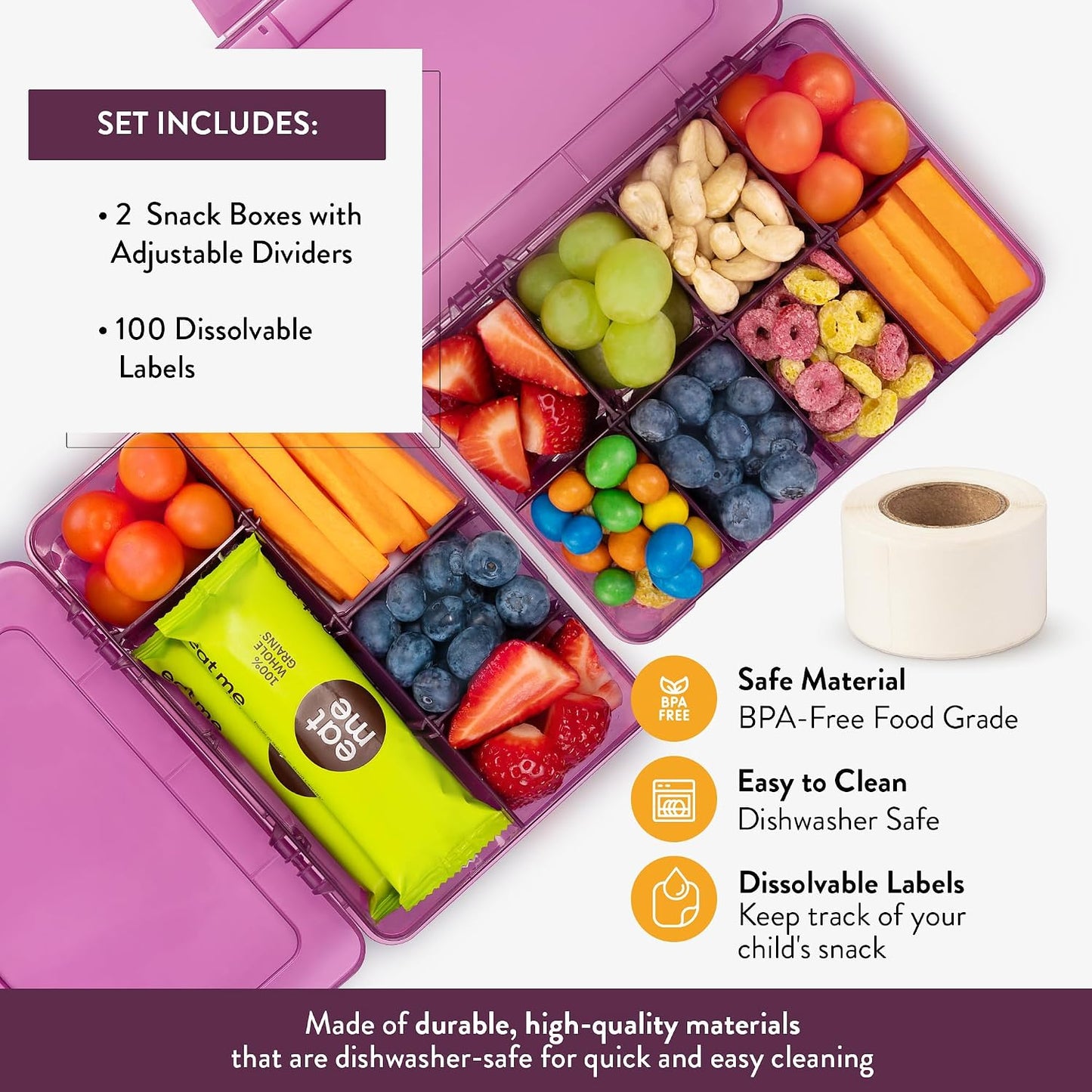 Large Kids Snack Box Containers Set of 2 -100 Labels, BPA-Free, Adjustable Compartments, Dishwasher Safe, Reusable Tray, Food Grade, Meal Prep Container, PARENT TESTED PARENT APPROVED AWARD (Clear)