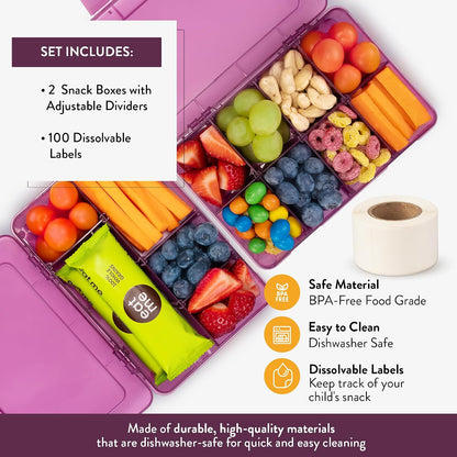 Large Kids Snack Box Containers Set of 2 -100 Labels, BPA-Free, Adjustable Compartments, Dishwasher Safe, Reusable Tray, Food Grade, Meal Prep Container, PARENT TESTED PARENT APPROVED AWARD (Clear)