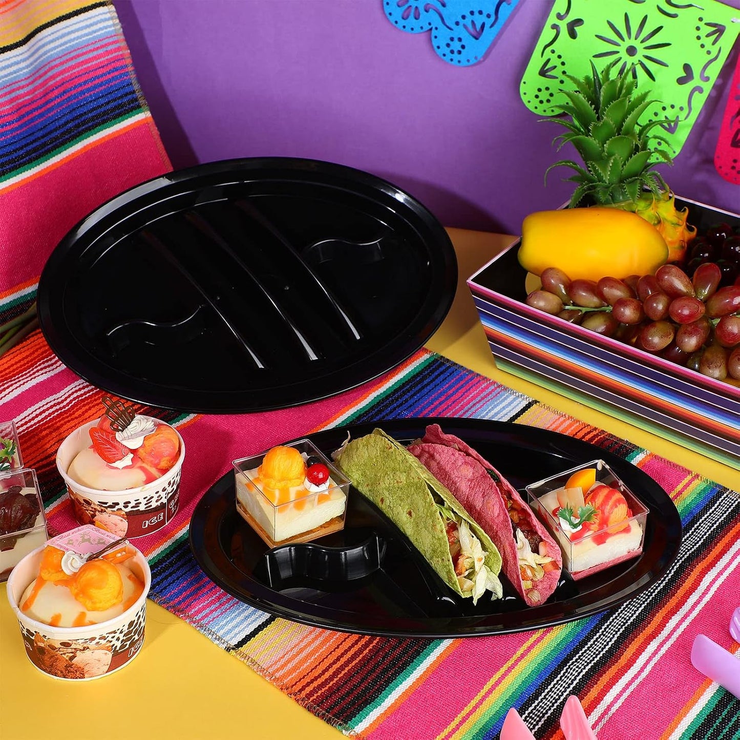 Roshtia 24 Pcs Taco Holder Fiesta Bulk with 2 Stand Holder 4 Compartments Plastic Tray for Soft and Hard Shell Tacos, Microwave Safe for Soft & Hard Shell Tacos(Black)