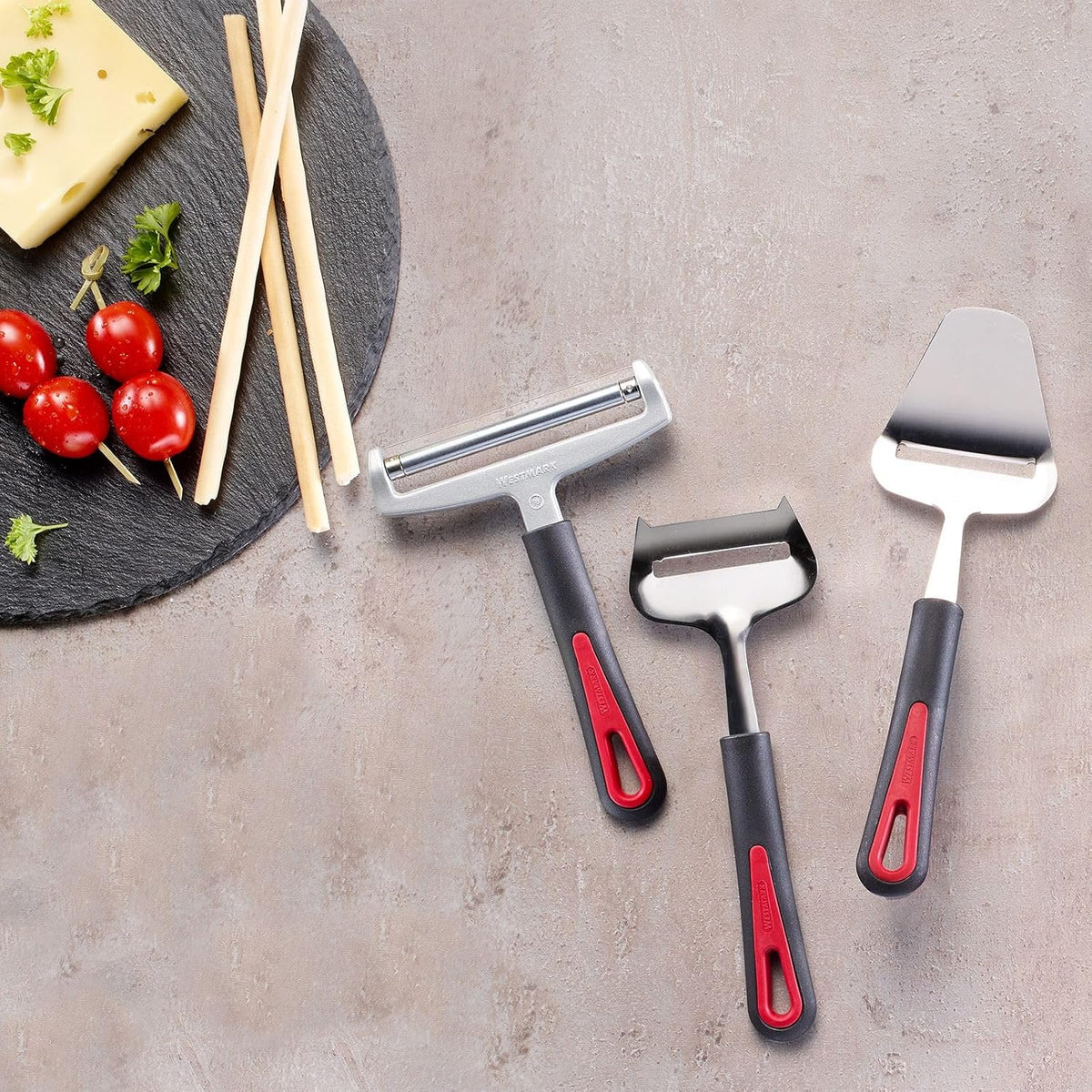 Westmark Stainless Steel Cheese Slicer – Multi-functional German Cheese Slicer, Handheld Hard & Semi-Hard Cheese Cutter, Adjustable Cheese Shaver, Ergonomic Handle, Dishwasher Safe, Red/Black
