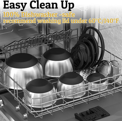 Mixing Bowles Set with Lids Set - Warp-Proof TPR-AS Lids, Stainless Steel Mixing Bowl with 3 Graters & Measuring Lines, Non-Slip Bowls for Baking, Prep, Airtight Food Storage (Khaki 5/3/2/1.5/0.63QT)