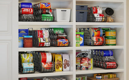 Sonyabecca 4-Pack Stackable Canned Food Organizer with Handles, Soda Can Organizer for Kitchen Pantry Shelves, Foldable Wire Cabinet Shelf for Can Storage, Patent Pending, Black