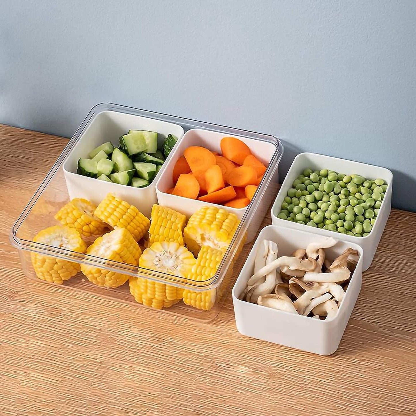 Divided Serving Tray with Lid for Veggie Charcuterie Container Portion Control Salad Keeper with 4 Removable Boxes Stackable Refrigerator Organizer Bins Food Storage Organizer Produce Saver