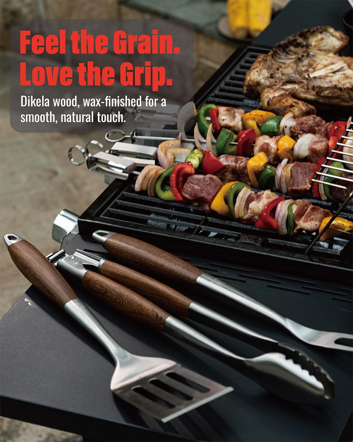 GRILAZ Heavy-Duty Rose Wooden BBQ Grilling Tools Set. Extra Thick Stainless Steel Multi-Function Spatula, Fork & Tongs | Essential Accessories for Barbecue & Grill. Ideal Gift for Father…