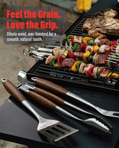 GRILAZ Heavy-Duty Rose Wooden BBQ Grilling Tools Set. Extra Thick Stainless Steel Multi-Function Spatula, Fork & Tongs | Essential Accessories for Barbecue & Grill. Ideal Gift for Father…