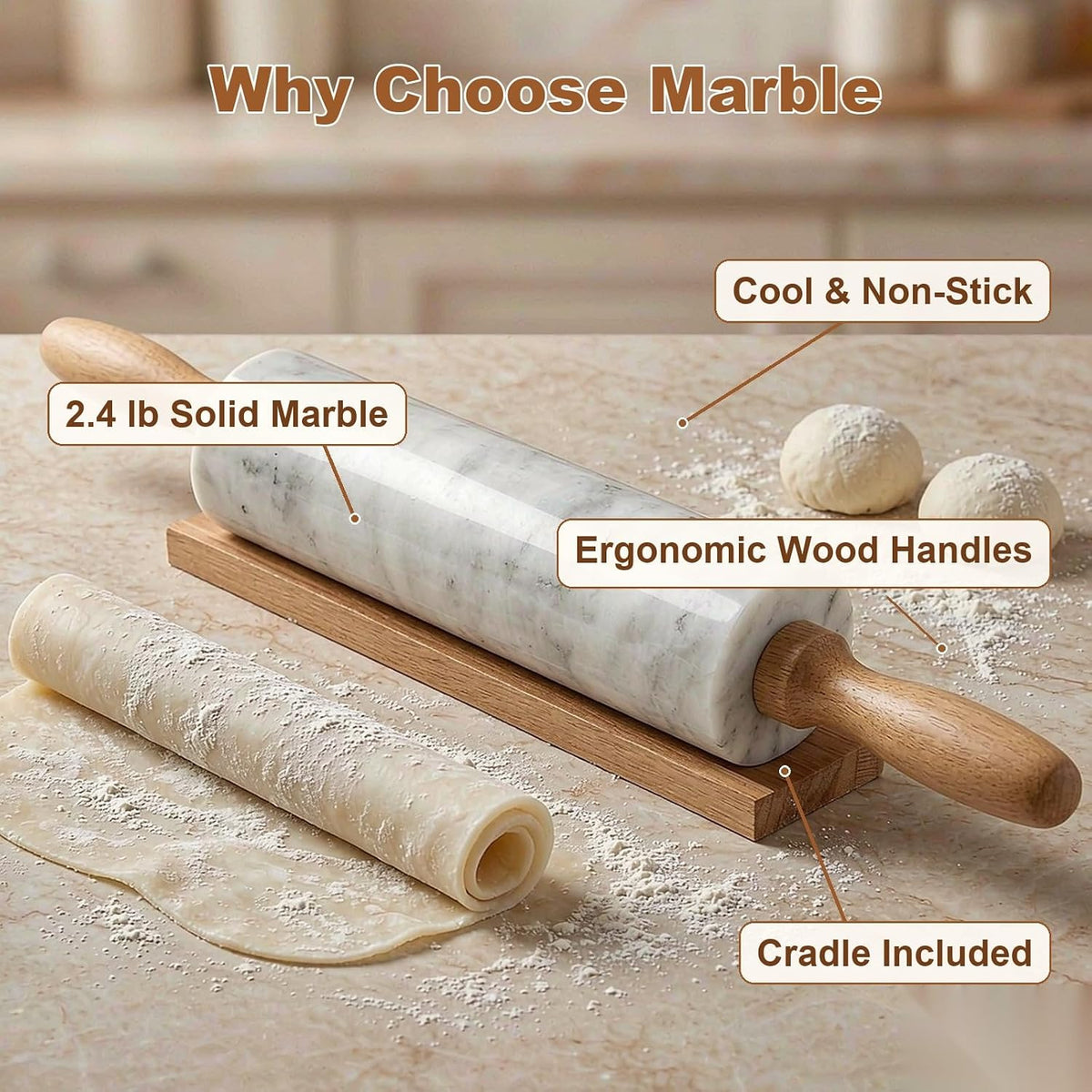 White Heavy Marble Dough Rolling Pin for Baking, 10 inch Barrel