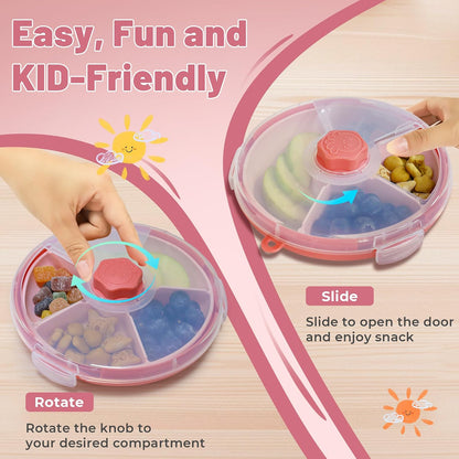 KingKam Kids Snack Spinner Containers, Reusable Toddler Spin Snack Container Box with 4 Compartments & Lid, BPA Free Food Grade Silicone Tray Dishwasher Safe, Travel Snacking Accessories (Blue/Green)