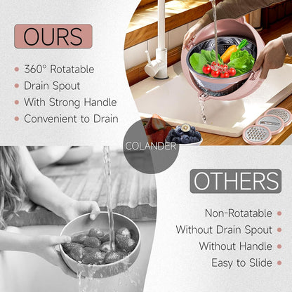 4-1 Colander with Bowl & Spoons Set - Rotatable Colander for kitchen with New Upgraded Graters, Food Strainer(Patented) for Pasta, Fruits, Vegetables, Funny Presents for Women, Beige