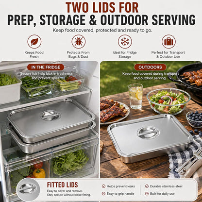 Grill Prep & Serve Tray Set with Lids, 5-Piece Food Prep System for Marinating, Carrying & Serving, Stainless Steel BBQ Trays for Raw & Cooked Food Separation (Rack Included)