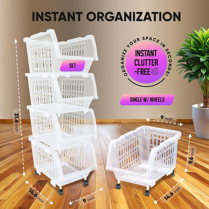 Large Stackable Storage Bins Open Front with Wheels, 4 Pack - Clear | Easy Assembly, Sturdy Plastic, Open Front Access, Smooth Rolling Wheels, Stackable, Large Capacity Storage