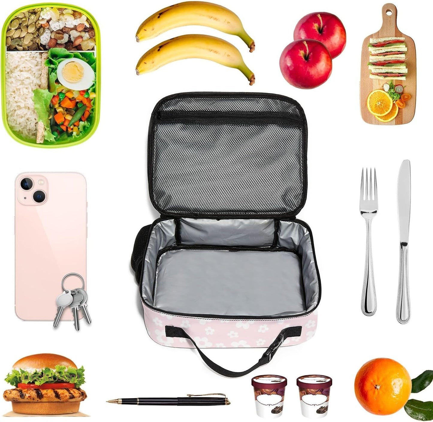 Large Lunch Box for Girls Insulated Lunch Bag with Water Bottle Holder Front Zipper Pocket Leakproof Waterproof Reusable Lunch Tote Bag for Work Picnic Camping Back to School (pink floral)