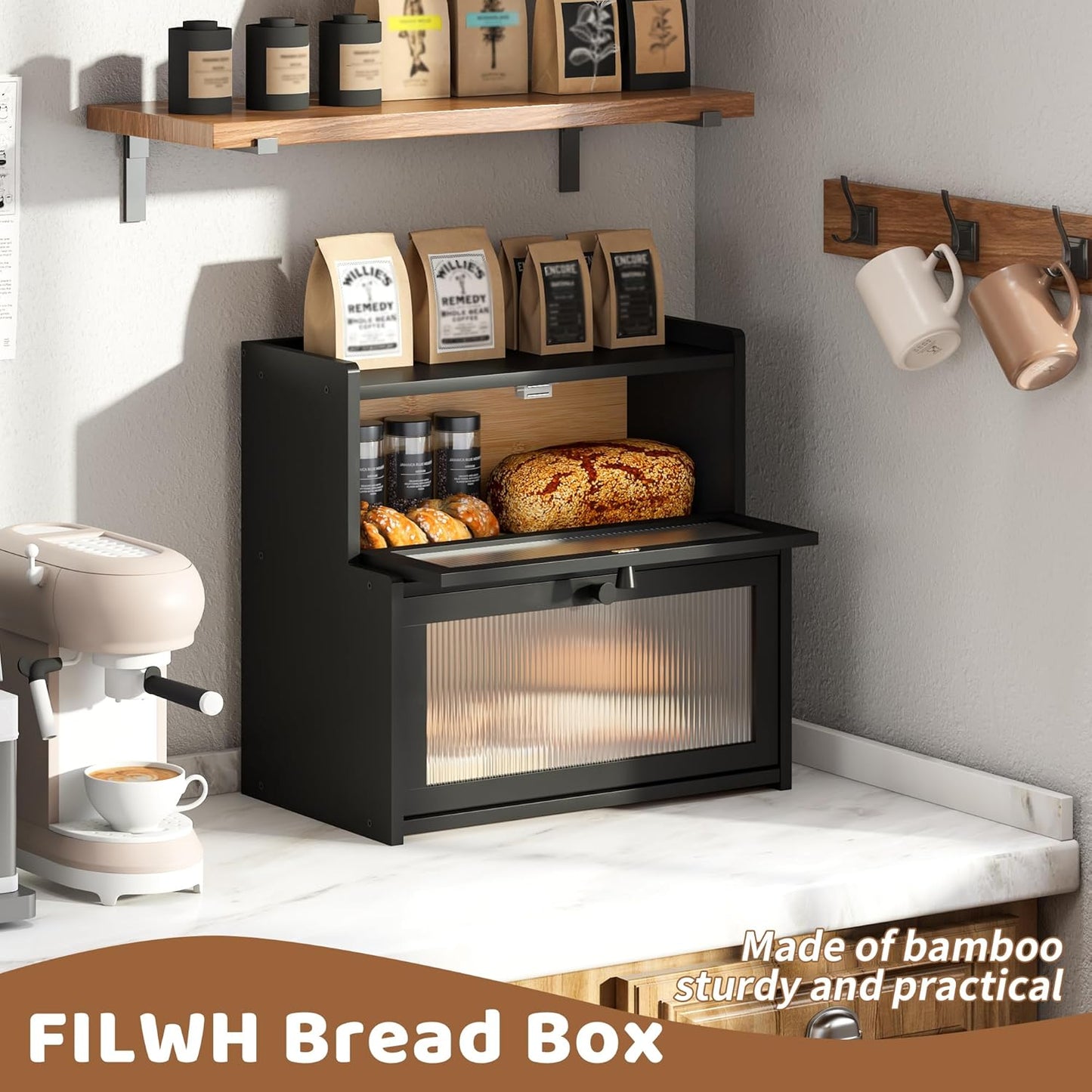 FILWH Bread Box for Kitchen Countertop Double Layer Large Corner Bread Box Capacity Bread Storage Bin Farmhouse Breadbox Container Organizer Cabinet Cupboard Black