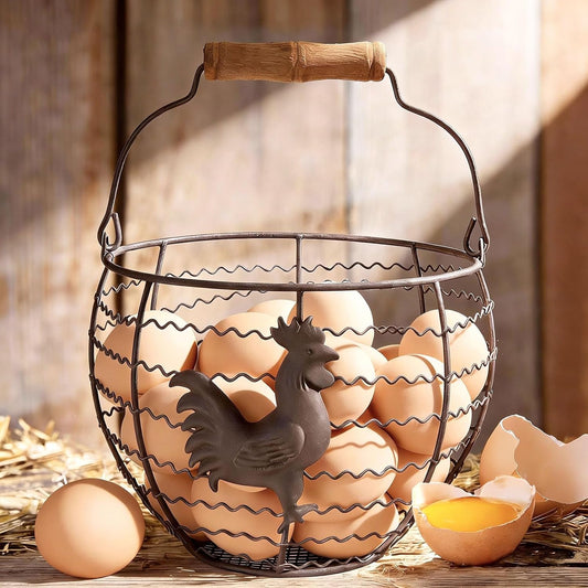 Wire Egg Basket for Gathering Fresh Eggs, Rustic with Rooster & Wood Handle | Vintage, Rusty Metal Open Weave, Backyard Chicken Keepers, Holds 24, Easter/Xmas Gift, Egg Collecting Basket, Kitchen Counter