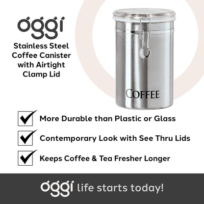 Oggi Stainless Steel Sugar Canister 62 fl oz - Airtight Clamp Lid, Clear See-Thru Top - Ideal Sugar Container for Countertop, Sugar Jar, Bulk Sugar Storage. Large Size 5" x 7.5".
