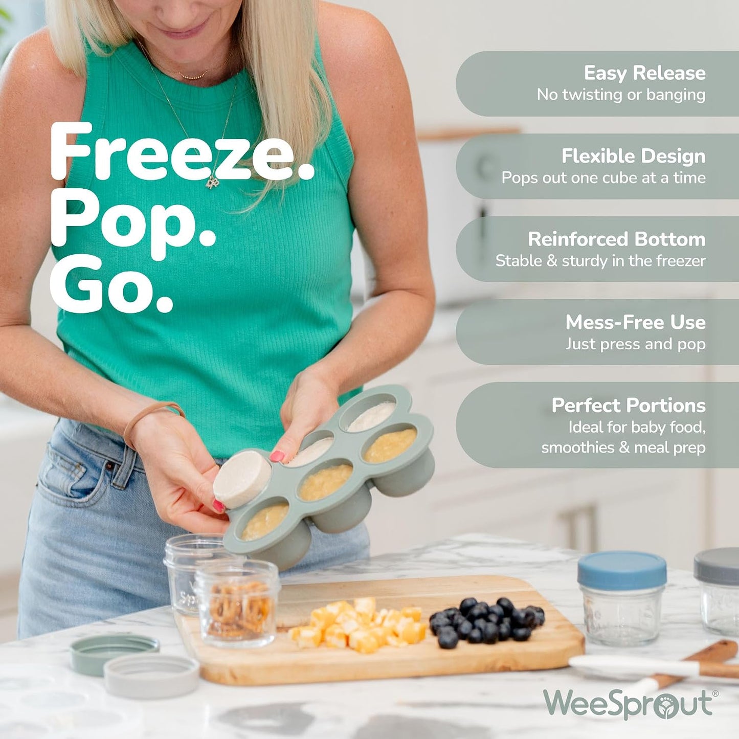 WeeSprout Silicone Freezer Tray with Clip on Lid Perfect Food Storage Container for Homemade Baby Food, Vegetable, Fruit Purees, and Breast Milk (Bright Blue, Six 3 Ounce Sections)
