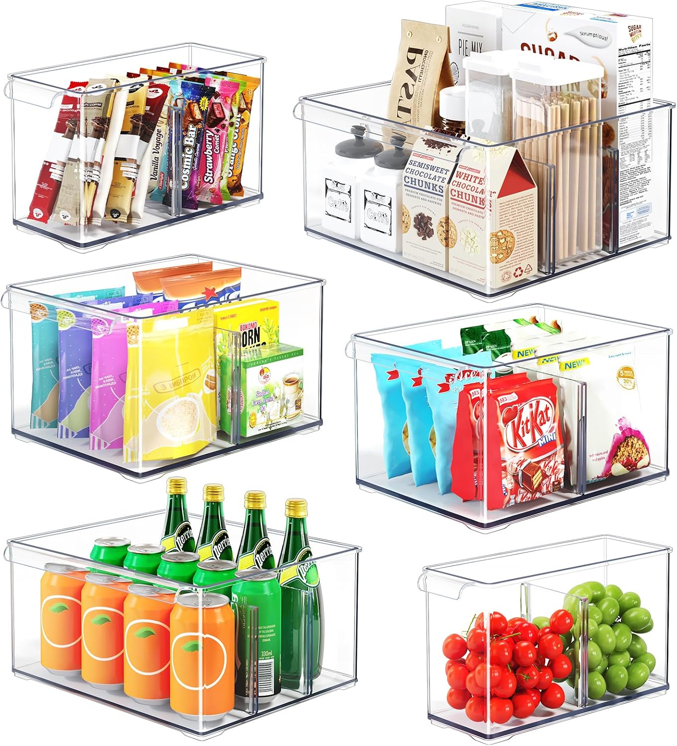 Clear Plastic Storage Bins with Dividers for Fridge Pantry Organizers and Storage Containers, 3 Pack Acrylic Stackable Sturdy Storage Boxes for Home Edit and Cabinet Organizers C6-1