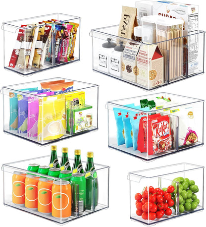 Clear Plastic Storage Bins with Dividers for Fridge Pantry Organizers and Storage Containers, 3 Pack Acrylic Stackable Sturdy Storage Boxes for Home Edit and Cabinet Organizers C6-1
