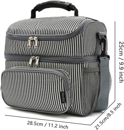 FlowFly Double Layer Cooler Insulated Lunch Bag Adult Lunch Box Large Tote Bag for Men, Women, With Adjustable Strap,Front Pocket and Dual Large Mesh Side Pockets