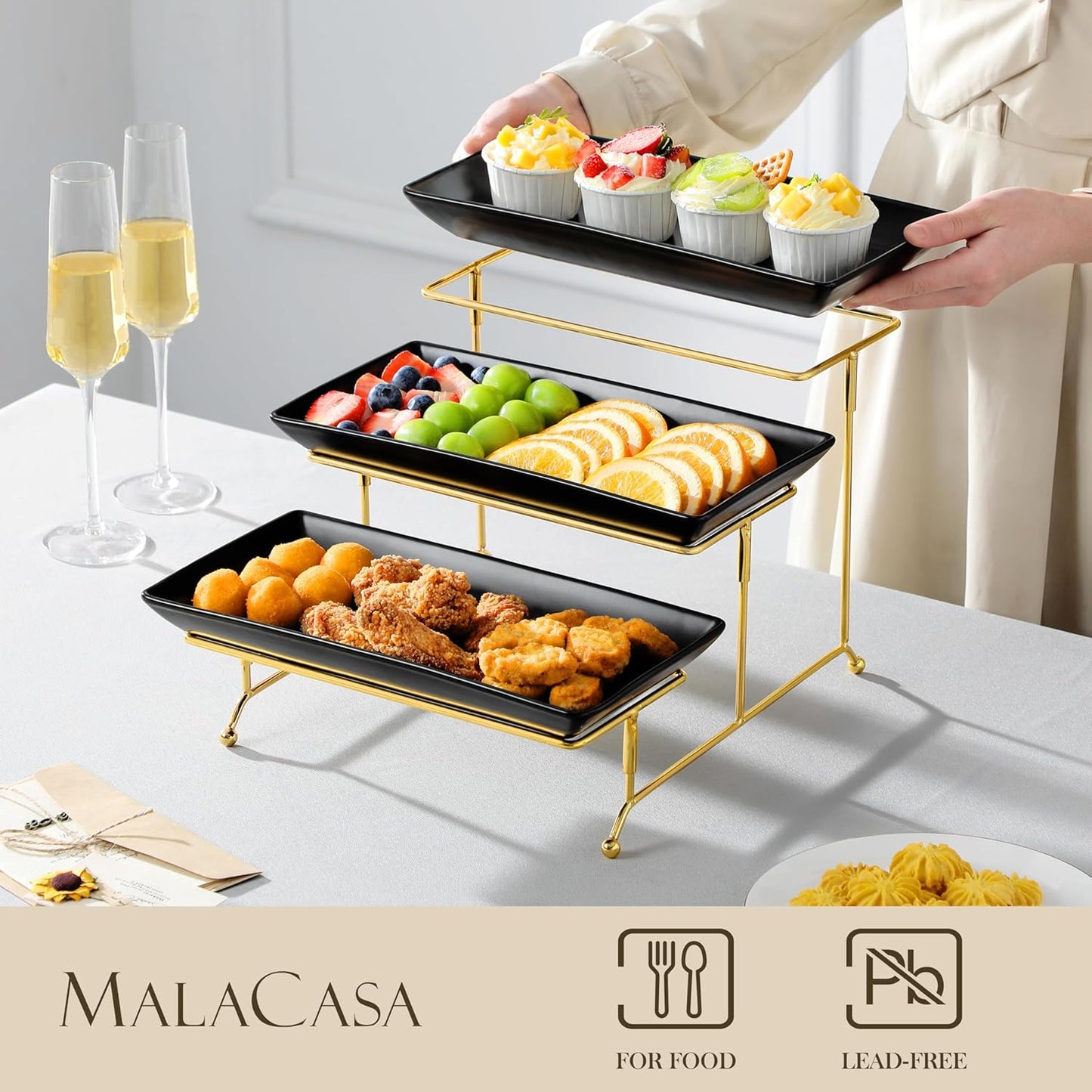 MALACASA 3 Tier Serving Trays for Party, Porcelain Serving Platters and Trays, 12 Inch Tiered Tray Stand, Fruit Tray, Trays for Serving Food, White Dessert Stand with Collapsible Sturdier Metal Rack