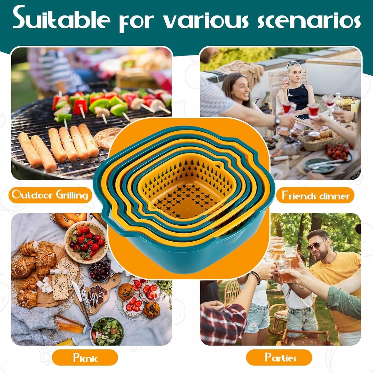 LemonRoad 8 Pcs Drain Colander Bowl Set Fruits and Vegetable Washing Strainer Detachable Double-layer Plastic Kitchen Food Basket, Kitchen Essential Gadgets (Orange, Green)