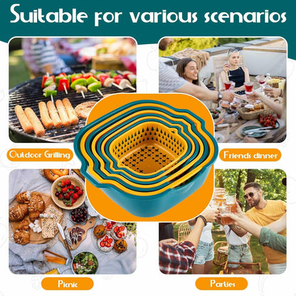 LemonRoad 8 Pcs Drain Colander Bowl Set Fruits and Vegetable Washing Strainer Detachable Double-layer Plastic Kitchen Food Basket, Kitchen Essential Gadgets (Orange, Green)