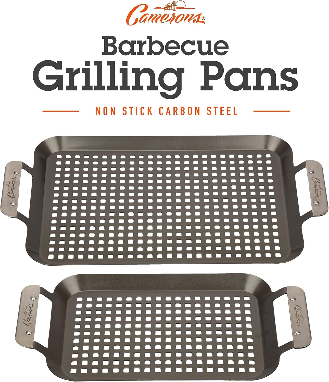 Camerons BBQ Grill Topper Grilling Pans (Set of 2)- Non-Stick Barbecue Trays w Stainless Steel Handles - Indoor Outdoor use for Barbecue & Smoked Meat, Vegetables & Seafood- Grill Gift for Fathers Day