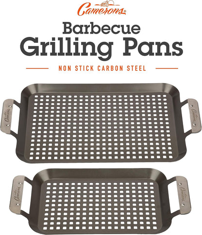 Camerons BBQ Grill Topper Grilling Pans (Set of 2)- Non-Stick Barbecue Trays w Stainless Steel Handles - Indoor Outdoor use for Barbecue & Smoked Meat, Vegetables & Seafood- Grill Gift for Fathers Day