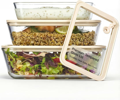 Glass Storage Container Set, Borosilicate Glass, Tempered Glass Lids, Baking Pan, Airtight with Vents, Microwave, Oven & Dishwasher Safe, (Rectangular - Set Of 3)